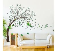 Sticker mural décoratif avec grande branche d'arbre vert et papillon en PVC repositionnable pour mur intérieur (B)