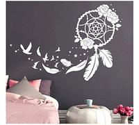 Sticker mural Dream Catcher avec roses, oiseauxet plumes/Blanc / 55cm de hauteurx77cm de largeur