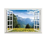 Sticker Mural Fenêtre 3D Paysage Montagne Fleurs Jaunes 59x40cm Vue Nature Scenic Wall Sticker Mural