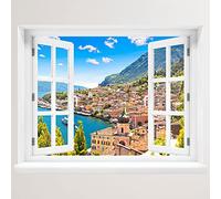 Sticker mural - Fenêtre avec vue - Village au bord du lac - 100 x 78 cm - Sticker mural