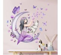 Sticker Mural Fille fée Papillon Violet Fleurs Décalques muraux DIY Moon Wolf Amovible et imperméable pour Chambre d'enfant Fille