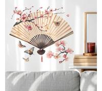 Sticker Mural Fleur de Cerisier Japonais Eventail Papillons Rose Beige 60cm x 40cm
