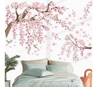 Sticker Mural Fleur De Cerisier,Sticker Mural Branche D'Arbre Fleur De Cerisier Rose,Fleurs Suspendues Fleurs Oiseaux Sur Arbre Décoration Murale Pour Chambre Salon Canapé Fond Décoration Murale