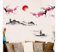 Sticker Mural Floral, Fleur Cerisier Rose Japonais Des Oiseaux Pêche Fleurs Fleurs Style Pastoral Décalques Mural Pour Le Salon Décor
