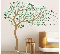 Sticker mural grand arbre vinyle autocollant arbre soufflant dans le vent décalque mural pour chambre d'enfant 98 (Branches à droite, Marron clair; Vert clair; Gris foncé)