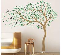 Sticker mural grand arbre vinyle autocollant arbre soufflant dans le vent décalque mural pour chambre d'enfant 98 (Branches à gauche, Marron clair; Vert clair; Gris foncé)