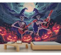 Sticker mural horreur Halloween squelette sorcière guitare musique squelette bande murale mural citrouille effrayante chauve-souris autocollant mural pour chambre à coucher salon 390 x 260 cm