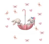 Sticker mural lapin doux sur parapluie rose et inscription «I love you to the moon and back», cœurs et papillons pour chambre d'enfant ou petits enfants, décoration tendre 35 x 40 cm