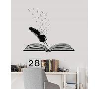 Sticker Mural Livre Ouvert et Plume Vinyle Autocollant Mural Salle de Classe Étude Chambre École Bibliothèque Chambre d'enfants Décoration de La Maison Art Autocollant Mural 68x57cm