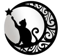 Sticker Mural Miroir Chat Lune en Acrylique Noir, Décoratif pour Chambre