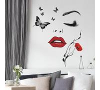 Sticker Mural Moderne Lèvres Rouges Papillons Noir Rouge 72x59cm