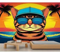Sticker mural motif chat dessin animé coucher de soleil tropical soleil plage thème plage 3D animaux muraux papier peint pour salon, chambre à coucher, chambre d'enfant 300 x 210 cm