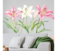 Sticker mural motif fleurs de lys rose et blanc, grand autocollant mural, 60 x 34 cm