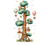 Sticker mural Motif maison d'arbre 45 x 79,8 cm | Ours hibou, renard, lapin, écureuil, raton laveur, hérisson, montgolfières, étoiles, nuages, livre d'histoires aquarelle
