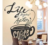 Sticker mural noir et blanc - Life Begins with Coffee - Sticker mural décoratif en vinyle pour restaurant, cuisine et bureau - 40 x 60 cm