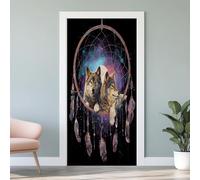 Sticker Mural Porte 3D Attrape-Rêves Loup 77x200 cm Plume Bohème Autocollants Porte Trompe L'oeil Effect Auto-adhésif Vinyle Ciel Étoilé Stickers Muraux Maison Déco Art P5d255