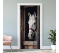 Sticker Mural Porte 3D Cheval Écurie 85x215 cm Cheval Blanc Autocollants Porte Trompe L'oeil Effect Auto-adhésif Vinyle Animaux de la Ferme Stickers Muraux Maison Déco Art S3g114
