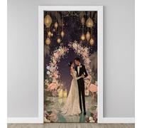Sticker Mural Porte 3D Couple Danse Fête de Mariage 83x204cm Étoiles Fleur Flamant Rose Autocollants Porte Trompe L'oeil Effect Auto-adhésif Vinyle Romance Stickers Muraux Maison Déco Art E1l47