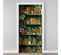 Sticker Mural Porte 3D Étagère À Livres 83x204cm Bibliothèque en Bois Autocollants Porte Trompe L'oeil Effect Auto-adhésif Vinyle Étagère À Plante en Pot Stickers Muraux Maison Déco Art F4f167