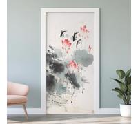 Sticker Mural Porte 3D Fleurs de Lotus 85x215 cm Carpe Chinoise Autocollants Porte Trompe L'oeil Effect Auto-adhésif Vinyle Peinture à l'Encre Stickers Muraux Maison Déco Art G6s146