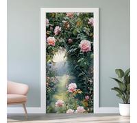 Sticker Mural Porte 3D Fleurs de Rose 77x200 cm Fleur Feuilles Vertes Autocollants Porte Trompe L'oeil Effect Auto-adhésif Vinyle Floral Printemps Stickers Muraux Maison Déco Art G6s135