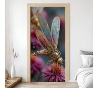 Sticker Mural Porte 3D Fleurs Libellule 85x215 cm Papillon de Nuit Autocollants Porte Trompe L'oeil Effect Auto-adhésif Vinyle Steampunk Stickers Muraux Maison Déco Art N6a34