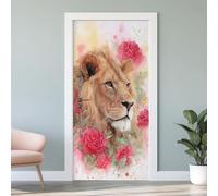 Sticker Mural Porte 3D Lion 77x200 cm Aquarelle Fleurs Autocollants Porte Trompe L'oeil Effect Auto-adhésif Vinyle Animaux de la Jungle Stickers Muraux Maison Déco Art S3g263