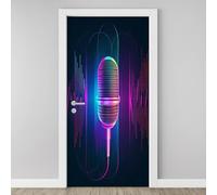 Sticker Mural Porte 3D Micro Musique 83x204cm Néon Lumineuse Autocollants Porte Trompe L'oeil Effect Auto-adhésif Vinyle Ondes Sonores Stickers Muraux Maison Déco Art O2e72