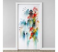 Sticker Mural Porte 3D Montagne Cascade 83x204cm Pagode Fleur de Prunier Autocollants Porte Trompe L'oeil Effect Auto-adhésif Vinyle Paysage Chinois Stickers Muraux Maison Déco Art U4g132