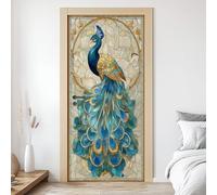 Sticker Mural Porte 3D Paon 77x200 cm Vitrail Paon Bleu Autocollants Porte Trompe L'oeil Effect Auto-adhésif Vinyle Oiseaux Exotique Stickers Muraux Maison Déco Art L4e175