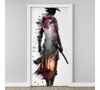 Sticker Mural Porte 3D Samouraï Oriental 83x204cm Surréaliste Fleur Arbre Autocollants Porte Trompe L'oeil Effect Auto-adhésif Vinyle Japon Manga Créatif Stickers Muraux Maison Déco Art Y5h17