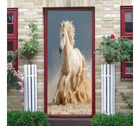 Sticker Mural Porte 83x205 cm Cheval Blanc Agile 3D Auto Adhésif Amovible Imperméable Pvc Autocollant Décoration Poster de Porte Animal pour Décoration Salon Cuisine Chambre