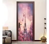 Sticker Mural Porte 83x205 cm Romance Papillons Tour Eiffel 3D Auto Adhésif Amovible Imperméable Pvc Autocollant Décoration Poster de Porte Rose pour Décoration Salon Cuisine Chambre