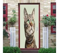 Sticker Mural Porte 90x200 cm Chat Tigré Mignon 3D Auto Adhésif Amovible Imperméable Pvc Autocollant Décoration Poster de Porte Animal pour Décoration Salon Cuisine Chambre