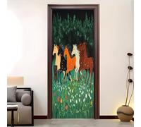 Sticker Mural Porte 95x205 cm Cheval Animal de Dessin Animé 3D Auto Adhésif Amovible Imperméable Pvc Autocollant Décoration Poster de Porte Plantes Vertes pour Décoration Salon Cuisine Chambre