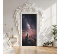 Sticker Mural Porte Ciel étoilé Horizon, Papier Peint Ville Architecture Nuit Néon, Auto-adhésif Sticker Porte pour Cuisine Chambre Autocollant Décoration 95x215cm