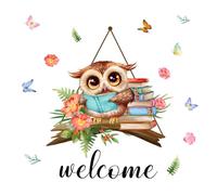 Sticker mural porte hibou Welcome - Stickers Bienvenue, décorations hibou avec livres, autocollants de porte, décoration maison