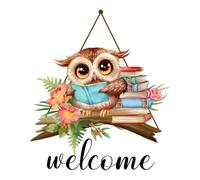 Sticker mural porte hibou Welcome - Stickers Bienvenue, décorations hibou avec livres, autocollants de porte, décoration maison