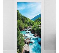 Sticker mural Porte Paysage Montagne Riviere - Sticker En Trompe Oeil - Voyage - Autocollant mural décoration - Autocollant - Poster - Stickers Muraux (73x205 cm)