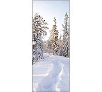 Sticker mural Sapin en montagne sur fond de neige fraiche - Décoration porte 83 cm X 204 cm