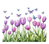 Sticker mural tulipe - Motif papillon et plantes - Fleur violette légère - Autocollant pour fenêtre - Pour salon, chambre à coucher - 50 x 40 cm
