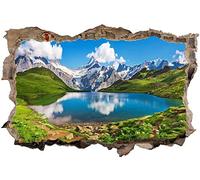 Sticker Muraux 3D Autocollant Mural Vue D'Effet Spécial Pic de nature paysage lac de montagne À L'Extérieur du Mur Fissuré Décoration Amovible DIY Vinyle Mur Maison Stickers pour Salon Chambre 53x80cm