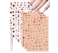 Sticker ongles Saint-Valentin Noël-8 feuilles Nail Art Sticker autocollant & 1 pince à épiler, Romantique Valentine Cartoon Amour Rose Chat Ours Décoration DIY Accessoires Nail Design Stickers-set J