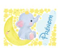 Sticker personnalisé prénom prince éléphant assis sur la lune + 60 étoiles