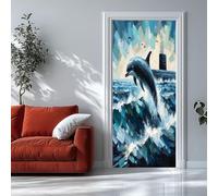 Sticker Porte 3D 73x205 cm - Dauphin Autocollant Porte Auto-Adhésif Amovible et Imperméable, Décoration Murale Animal en peinture à l'huile DIY sticker pour Salon, Chambre, Cuisine, Salle de Bain