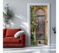Sticker Porte 3D 90x200 cm - Porte en Bois Rétro Autocollant Porte Auto-Adhésif Amovible et Imperméable, Décoration Murale Fleurs de Rose DIY Sticker Pour Salon, Chambre, Cuisine, Salle de Bain