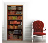 Sticker Porte 3D Auto adhésif BibliothèQue RéTro En Grain de Bois Sticker Porte PVC Imperméable Anti Décoloration Brun Décoration Murale DIY pour Salon, Cuisine, Chambre, Salle de Bain 73x205 cm