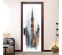 Sticker Porte 3D Auto adhésif Motif Aquarelle Big Ben Sticker Porte PVC Imperméable Anti Décoloration Architecture Décoration Murale DIY pour Salon, Cuisine, Chambre, Salle de Bain 90x200 cm