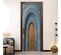 Sticker Porte 3D Auto adhésif Porte à Motif En Relief de Style EuropéEn Sticker Porte PVC Imperméable Anti Décoloration Bleu Décoration Murale DIY pour Salon, Cuisine, Chambre, Salle de Bain 83x205 cm