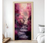 Sticker Porte 3D Cascade Marches en Pierre 83x204 cm Forêt Autocollants Porte Mural Trompe L'oeil Effect Auto-adhésif Vinyle Arbre Rose Stickers Muraux Maison Décoration G8l112